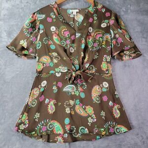 Cato Paisley Tie Front Top Butterfly‎ Sleeve Brown Multicolor Boho Retro Size S